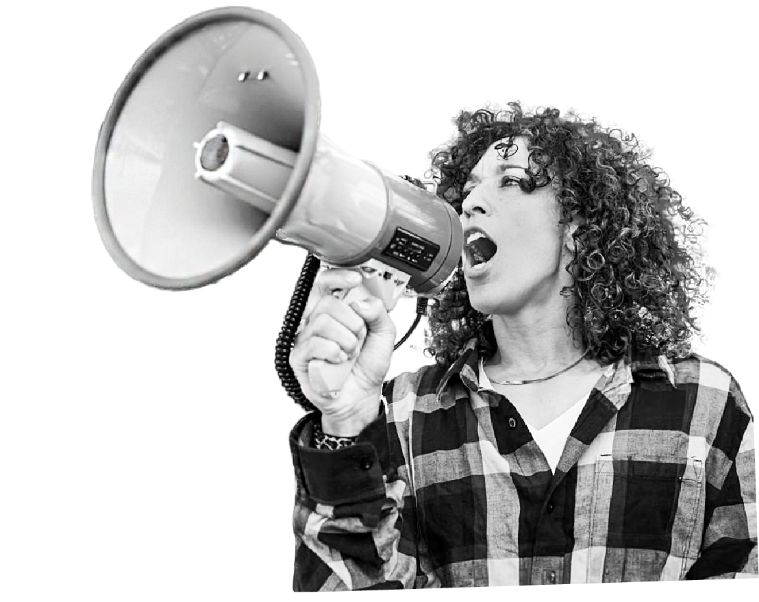 An organizer shouting into a megaphone
